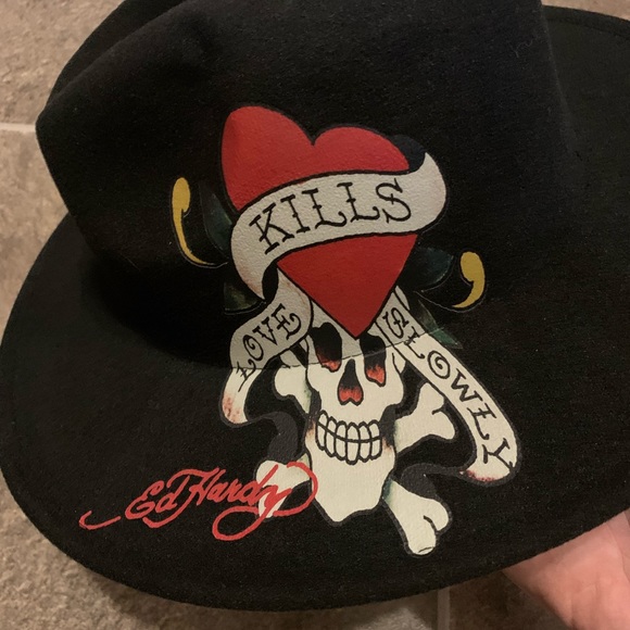 Ed Hardy Fedora Top Hat Black Love Kills Slowly Skull Tattoo Rose Dragon Cowboy - Picture 2 of 8